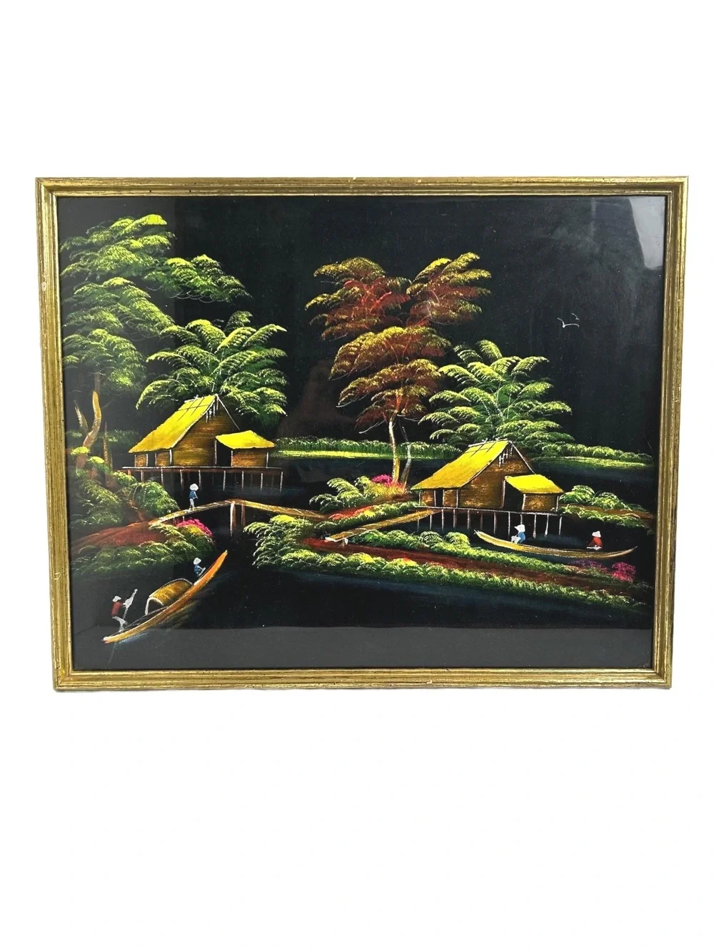 Vintage Black Vekvet Hand-Painted Landscape Art with Gold Frame